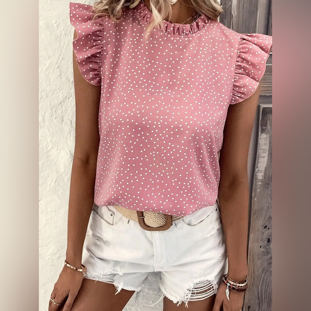 Pink Polka Dot Ruffle Sleeve + Frilled Neck Blouse